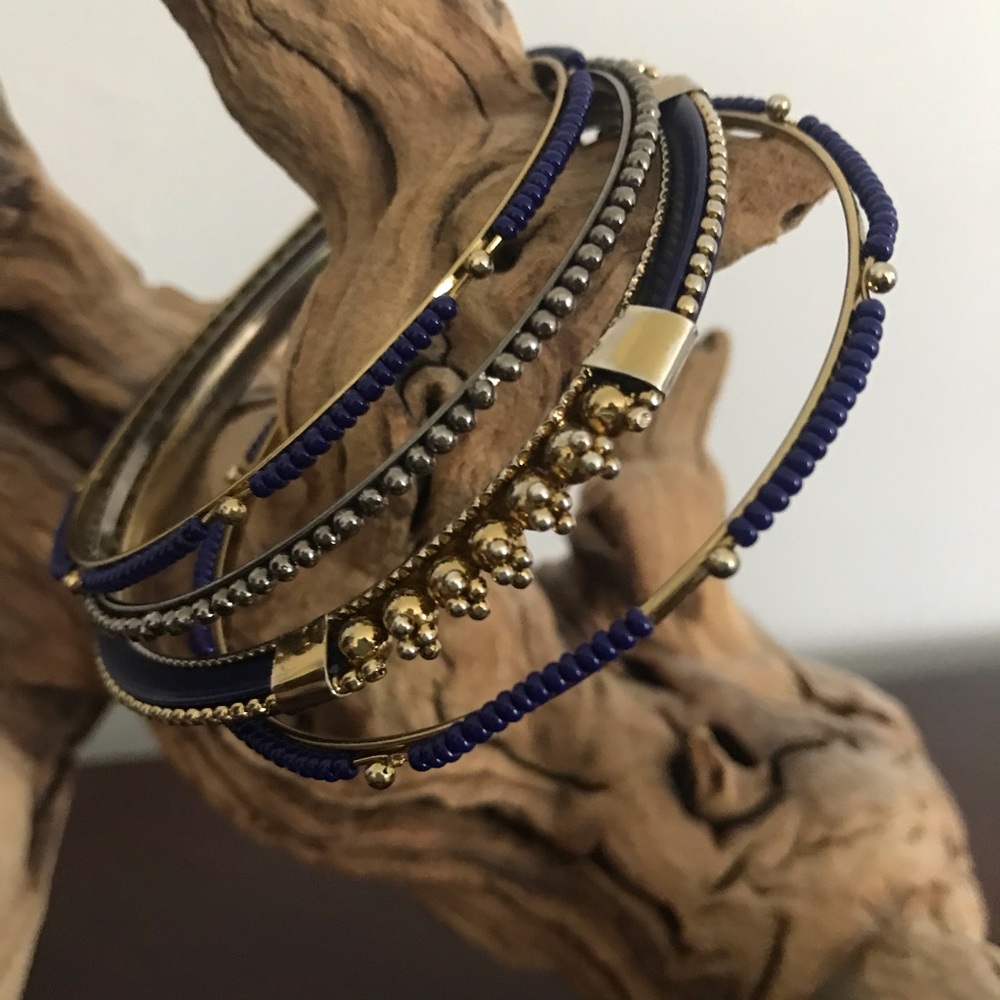 Indie Bangle Bracelets Set Cobalt Blue Gold Beaded Boho Festival Statement Artsy